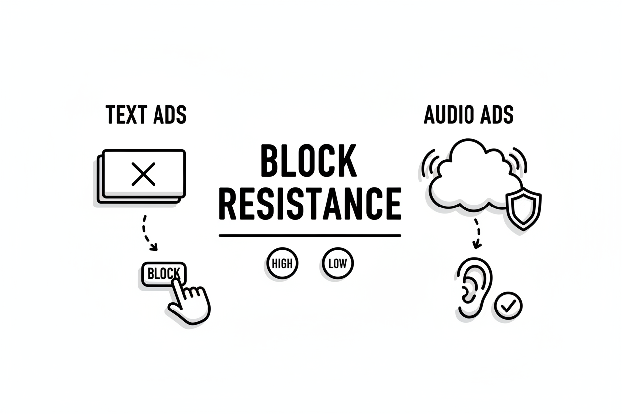 テキスト広告と音声広告のブロック耐性を比較する図