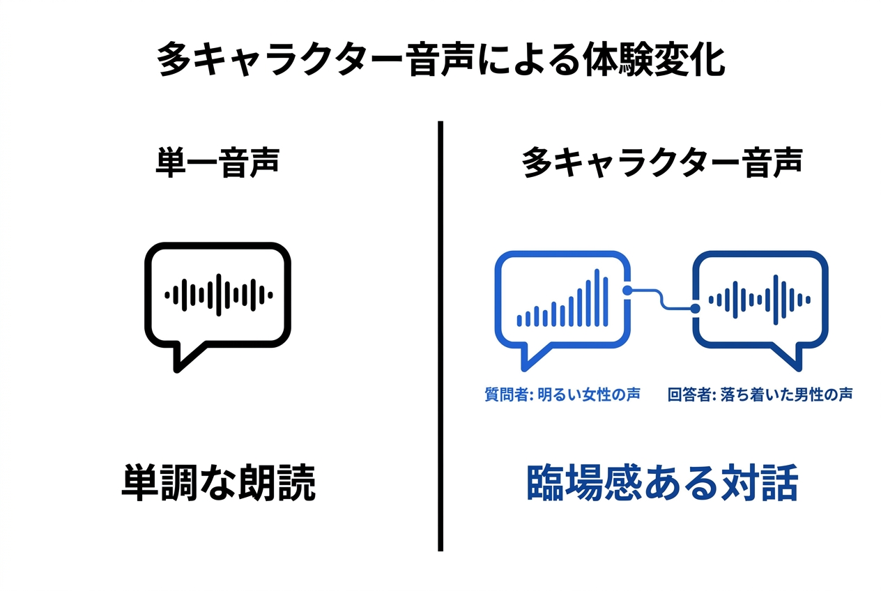 多キャラクター音声でインタビュー記事を再現するイメージ